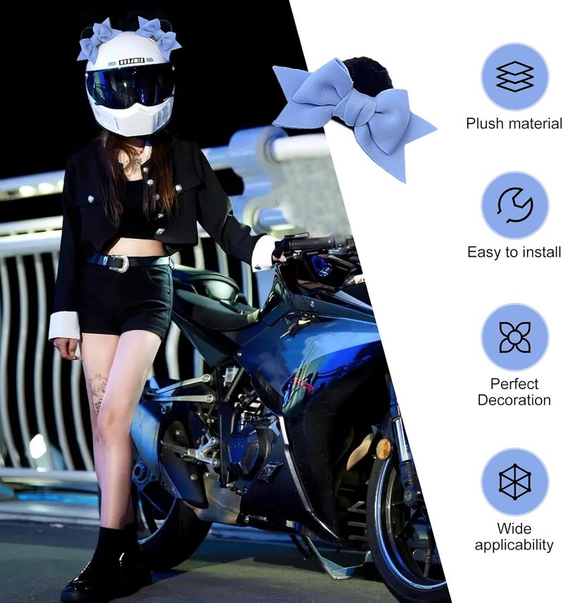 SLIMI 2 PCS Bow Helmet Decoration, Cute Plush Cat Ears Bow Helmet Decor, Self-Adhesive Motorcycle Helmet Accessories for Women (Blue) - Image 3